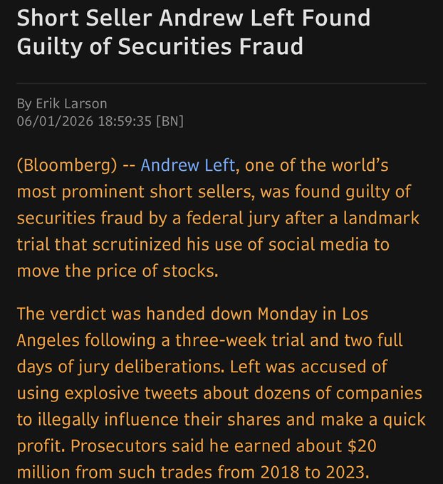 The image shows a screenshot of an article titled "Short Seller Andrew Left found guilty of securities fraud". The text is black, while other details are orange. The text reads that Andrew Lefert was one of the world's most prominent short sellers, who was found guilty of conducting a securities fraud by manipulating his use of a federal court. Additionally, he was caught trading $MSTR at the height of the Nov 2017 bull run and has been suspended from trading since then. The image also displays a screenshot of an article titled "Bloomberg" that is related to Andrew Lefert's case.