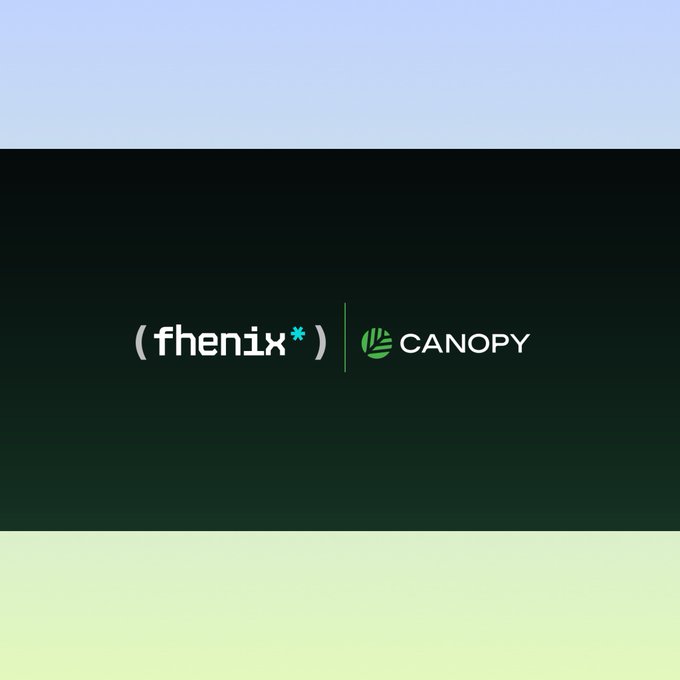 The image displays a partnership announcement featuring the logos of "fhenix" (a confidential computing blockchain) and "CANOPY" displayed side by side on a black background. This visual likely accompanies the post's discussion about blockchain evolution and scalability, suggesting a collaboration between the two companies focused on advancing blockchain technology's adaptability and future development capabilities.