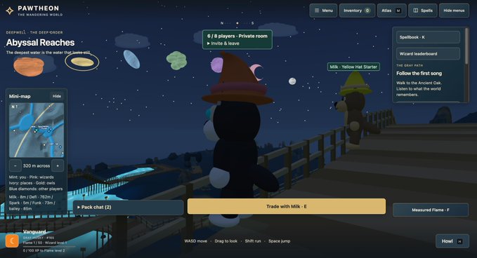 A screenshot from the game Pawtheon showing a player character in a wizard hat on a wooden bridge at night, with UI text including 'Abyssal Reaches', '6 / 8 players - Private room', 'Mini-map', 'Trade with Milk', and 'Measured Flame'.