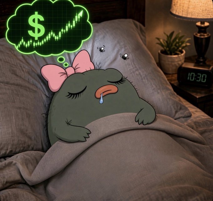 A cartoon illustration of a grey creature with a pink bow sleeping in bed while drooling, dreaming of a green candlestick chart with a dollar sign.