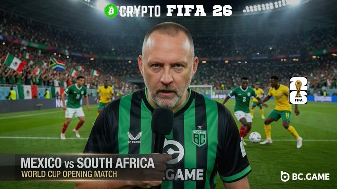 The image features a man wearing a green soccer jersey, standing in front of a stadium filled with players. The man appears to be a sports reporter or commentator, as he is holding a microphone and talking into it. There are several other people visible in the background, possibly teammates or opponents, indicating that this is an ongoing match. The image also includes text related to the World Cup opening match, which suggests that the event being discussed could be related to the FIFA World Cup.