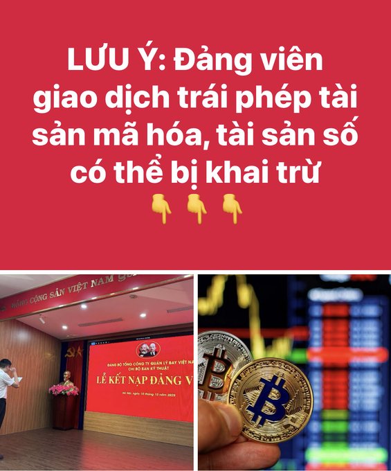A Vietnamese-language poster with a red background warning that party members making illegal crypto/digital asset transactions may be expelled, with images of a party meeting ceremony and a Bitcoin coin.