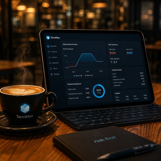 A tablet displaying the 'TermMax' trading dashboard, showing a 'Bull Put Spread' chart and risk summary with max risk of $320 and max profit of $680, sits next to a branded coffee cup and a notebook labeled 'risk first'.