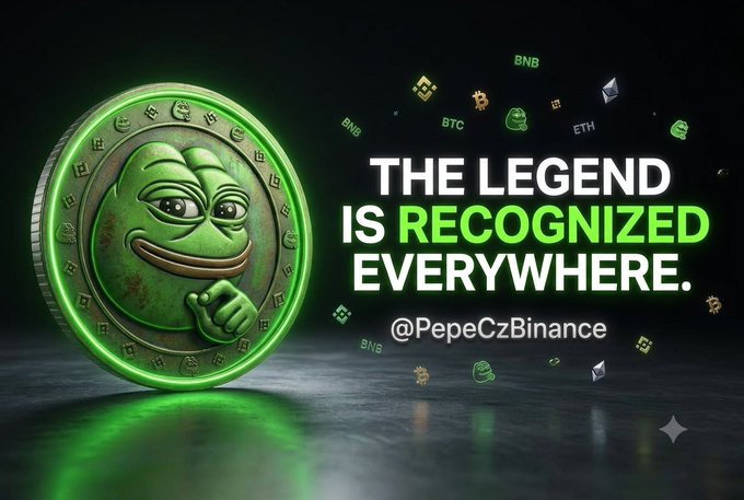 Promotional graphic featuring a green Pepe coin with the text 'THE LEGEND IS RECOGNIZED EVERYWHERE.' and '@PepeCzBinance' with various cryptocurrency logos (BNB, BTC, ETH) floating in the background.