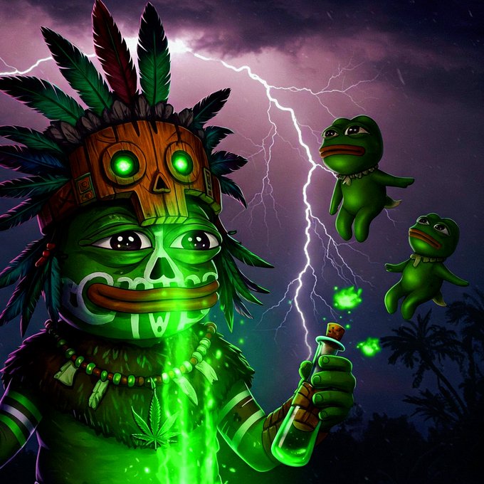 A tribal Pepe figure with glowing green eyes, feathered headdress, and skull face paint holds a vial of potion under a lightning-streaked sky, while two floating green Pepe spirits ascend nearby—capturing the mystical, moon-bound rally energy the post hints at for $PEPE.