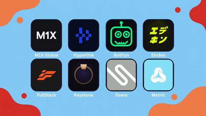 The image displays a grid of eight project logos with labels: M1X Global, Hyperlink, BotFun, Ekiden, FullStack, Keystone, Osero, and Metric, set against a blue background with orange and red accents, visually representing the lineup of airdrop projects being shared, including M1X Global (the Paradigm-backed on-chain capital markets L1) and Hyperlink (Hyperliquid prime brokerage infrastructure) mentioned in the post.