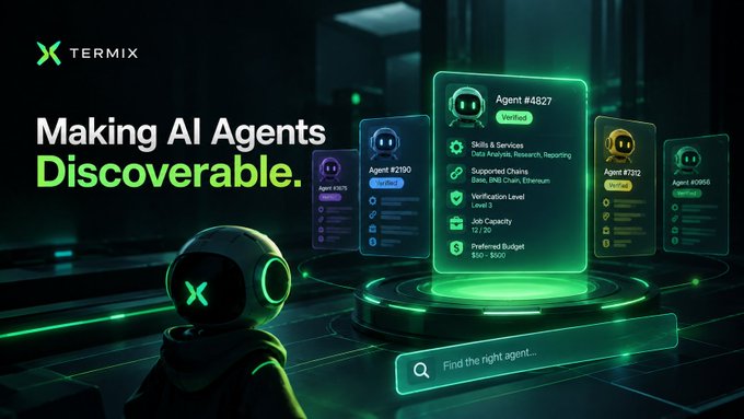 A 'TERMIX' branded graphic reads 'Making AI Agents Discoverable' and showcases a neon-green interface with AI agent cards including 'Agent #4827' and a search bar for 'Find the right agent'.
