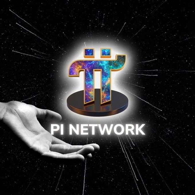 A glowing Pi Network logo hovers above an open palm against a starry cosmic backdrop, with the text "PI NETWORK" displayed below. The image visually reinforces the post's call for active Pi miners ("Pioneers") by symbolizing the community's commitment to the project and the moon-bound ambition suggested by the "Pi to the moon" comment prompt.