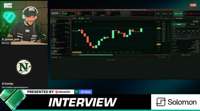A livestream screenshot of an interview featuring Al Dunlap, CEO of Verified Capital Management, presented by MetaDAO and forn, showing a trading chart with BTC-PERP on MEXC.