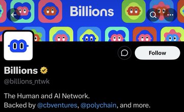 A social media profile page for 'Billions' (@billions_ntwk) on what appears to be Twitter/X, with the description 'The Human and AI Network. Backed by @cbventures, @polychain, and more.'