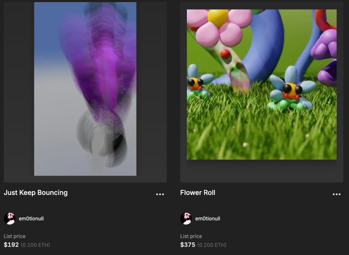 An NFT marketplace listing showing two digital artworks by emOtionull: 'Just Keep Bouncing' priced at $192 (0.100 ETH) and 'Flower Roll' priced at $375 (0.200 ETH).