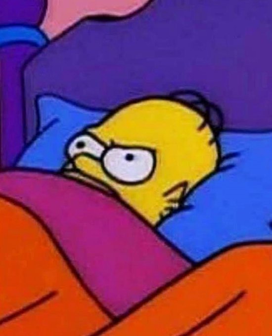 Homer Simpson tucks himself into bed with a wide, anxious stare, paired with the caption about lying awake unable to sleep after missing profits for a second cycle in a row.