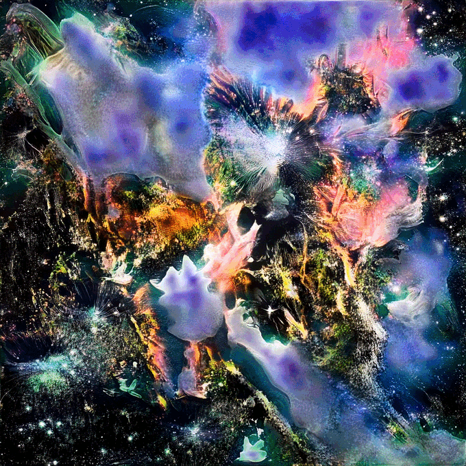 A vibrant, abstract digital artwork featuring colorful, cosmic-like textures, glowing lights, and floral shapes against a dark background.