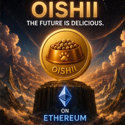 A golden commemorative "OISHII" coin featuring a dog bowl filled with treats sits atop a glowing Ethereum logo pedestal against a cosmic, mountainous backdrop, with the tagline "THE FUTURE IS DELICIOUS." The image ties to the "ETH memecoin season" announcement by depicting an Ethereum-based memecoin launch, signaled by the prominent "ON ETHEREUM" text beneath the Ethereum symbol.