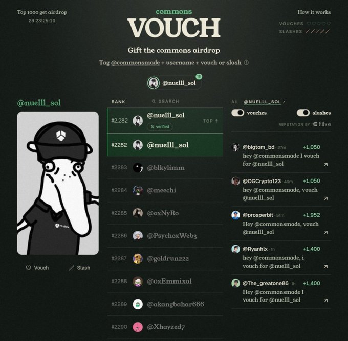 A 'VOUCH' page from the 'commons' airdrop, showing rank 2281 for @nuelll_sol with various vouch messages from other users.