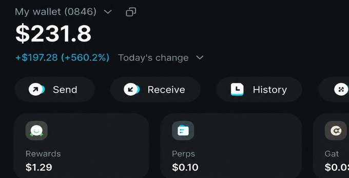 A crypto wallet dashboard showing a balance of $231.8 with a +$197.28 (+560.2%) daily change, along with Send, Receive, and History options, and rewards/perps sections.