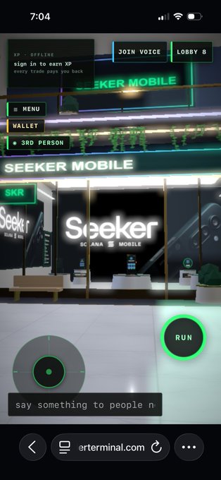 A screenshot of the 3D metaverse "Seeker Mobile" Solana store inside "erterminal.com," showing the SKR-branded storefront with a run button, third-person view, and lobby menu options. The image visually represents the first build of the immersive crypto mall, highlighting the clickable Solana Mobile flagship store as described in the post.