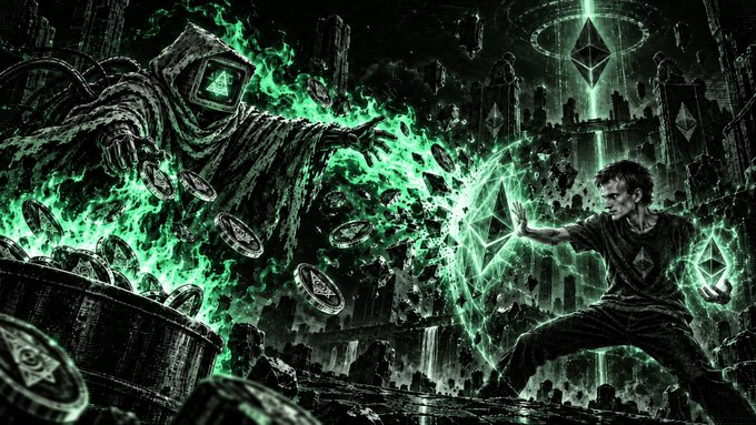 A dramatic digital artwork depicting a battle between a hooded figure wielding green flames and glowing coins against a man projecting green energy shields, set in a dark dystopian cityscape.