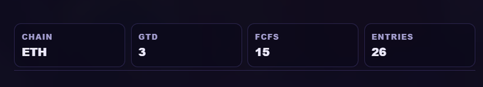 A dark dashboard panel displaying chain statistics: CHAIN ETH, GTD 3, FCFS 15, and ENTRIES 26.
