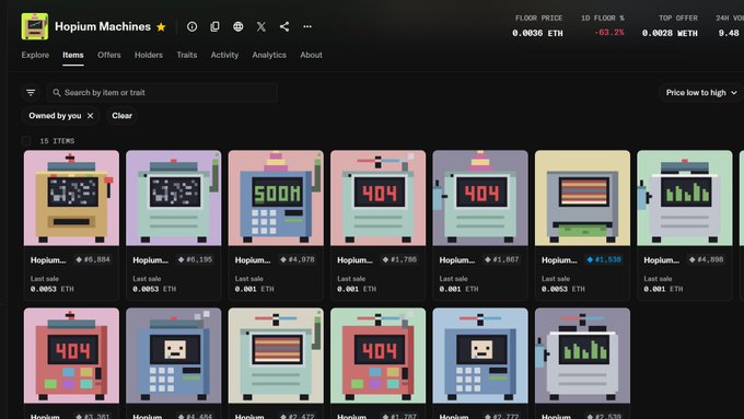 An NFT marketplace interface displaying a collection called 'Hopium Machines' with pixel-art vending machine items priced in ETH.