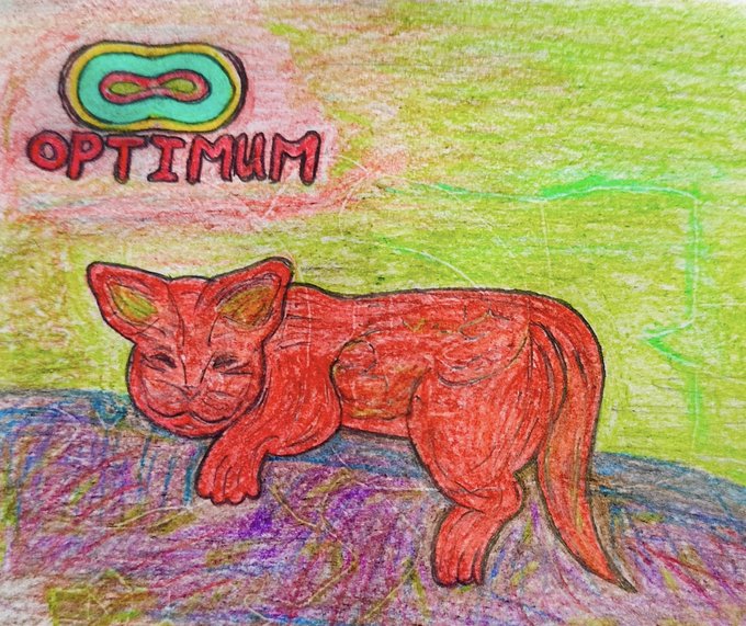 A colorful crayon-style child's drawing of a red cat with the word 'OPTIMUM' and an infinity symbol logo at the top, set against green and purple scribbled backgrounds.