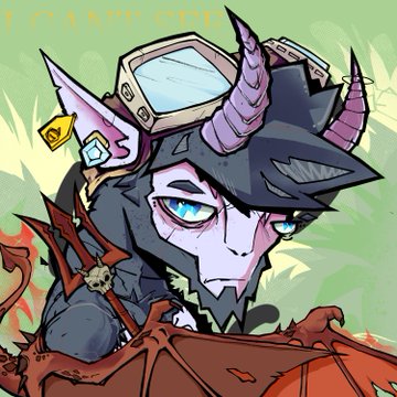 A stylized digital illustration of a purple-skinned demonic character with horns, glowing blue eyes, and goggles on its head, wearing a dark outfit with skull accents.
