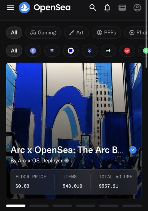 A screenshot of the OpenSea mobile app showing an NFT collection titled 'Arc x OpenSea: The Arc B...' by Arc_x_OS_Deployer, displaying a floor price of $0.03, 543,019 items, and a total volume of $557.21.