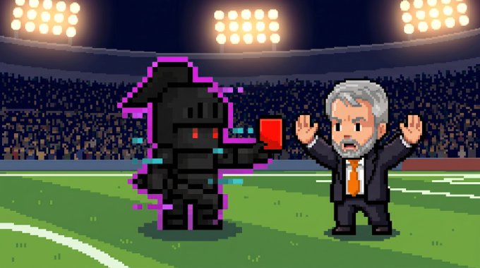 A pixel art illustration depicts a referee in a suit holding up a red card toward a dark shadowy figure on a soccer field, metaphorically criticizing someone who sold 3,588 Bitcoin (worth $225 million) despite previously preaching "never selling." The image visually represents the post's "red card" analogy as a penalty for breaking that promise.
