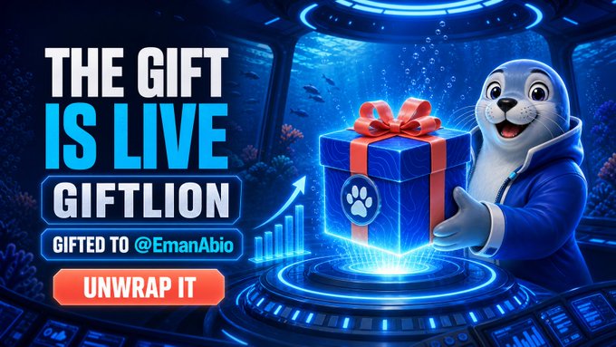 A promotional banner reading 'THE GIFT IS LIVE - GIFTLION GIFTED TO @EmanAbio - UNWRAP IT', featuring an animated seal character holding a blue gift box with a paw print.