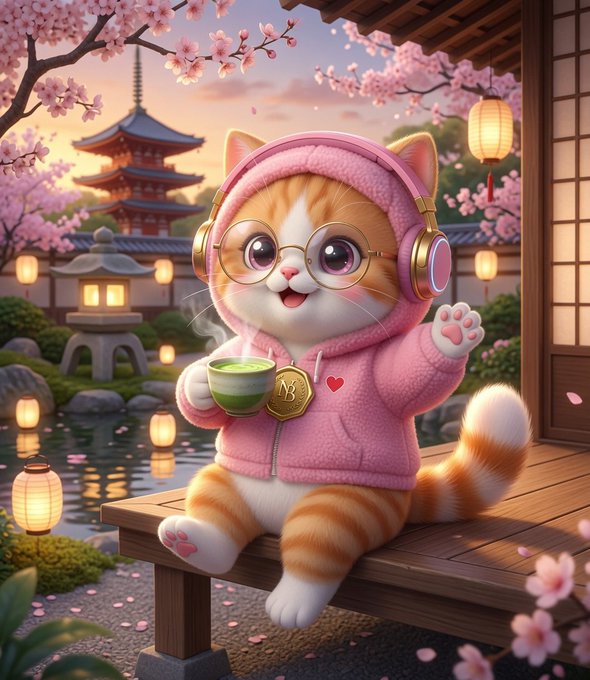 The image features a cat wearing a pink hoodie, listening to music with headphones, sitting comfortably on a bench. There are lanterns hanging above them, adding to the atmosphere of the scene. The photo also includes text that seems to be about something related to the artist's work or a post they have created.