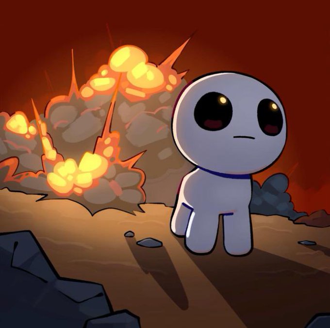 A digital illustration of a small white alien-like character with large black eyes standing calmly in front of a fiery explosion on a reddish landscape.