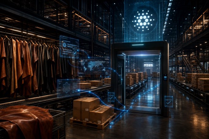 A futuristic industrial or warehouse setting featuring hanging brown garments, cardboard boxes, a security scanner archway, and holographic blue data interfaces including a world map.