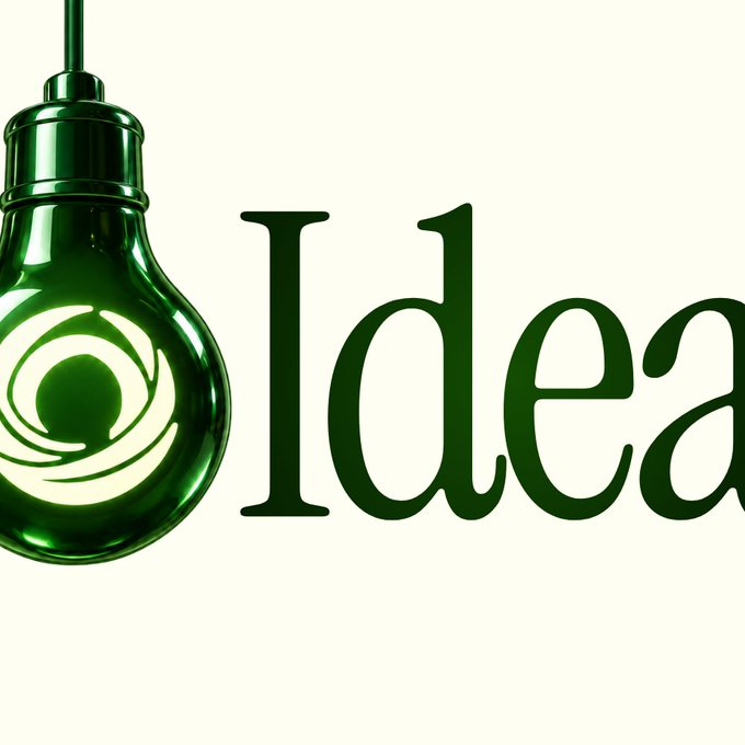 A graphic design featuring a green glass lightbulb containing a swirling eye-like symbol, next to the word "Idea" in dark green serif typography.