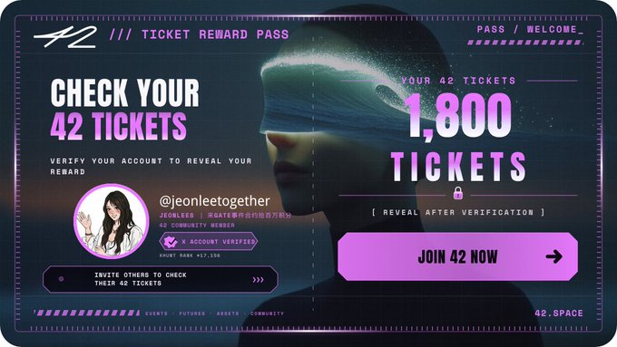 A futuristic dark-themed digital ticket pass interface for '42' (42.SPACE) displaying 'CHECK YOUR 42 TICKETS' with a reward of 1,800 tickets for the user '@jeonleetogether', featuring a 'JOIN 42 NOW' button and an obscured figure wearing a blindfold in the background.
