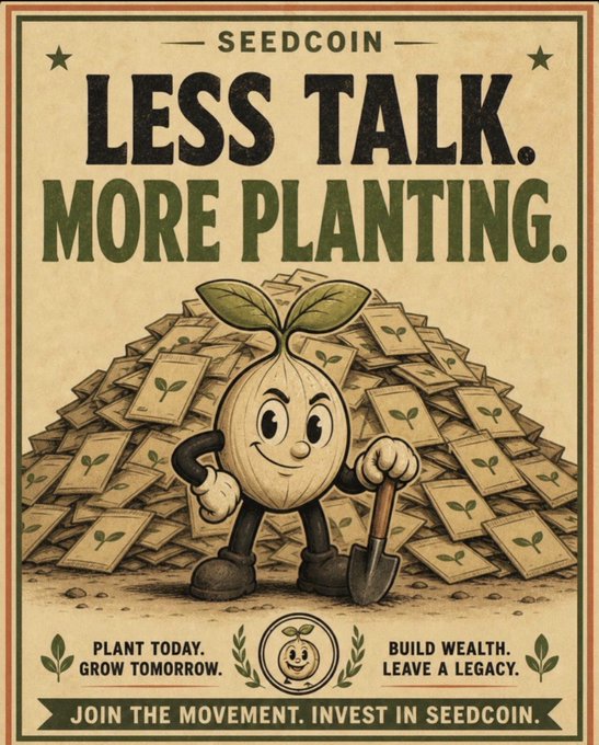 A vintage-style promotional poster for "SEEDCOIN" featuring an anthropomorphic seed mascot holding a shovel in front of a pile of seed packets, with the bold tagline "LESS TALK. MORE PLANTING." and supporting text "PLANT TODAY. GROW TOMORROW. BUILD WEALTH. LEAVE A LEGACY." along with "JOIN THE MOVEMENT. INVEST IN SEEDCOIN."

The image reinforces the post's "More planting. More growing." message by visually emphasizing action-oriented planting symbolism and pairing it with growth-focused calls to action like "Plant Today. Grow Tomorrow."