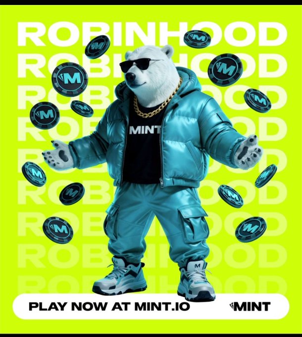 An advertisement features a 3D animated polar bear wearing sunglasses and a blue tracksuit over a 'MINT' shirt, surrounded by flying 'M' coins, with text reading 'ROBINHOOD', 'PLAY NOW AT MINT.IO', and 'MINT' on a yellow-green background.