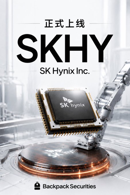 A promotional poster reading '正式上线 SKHY SK Hynix Inc.' featuring a microprocessor chip held by a robotic arm, with 'Backpack Securities' branding at the bottom.