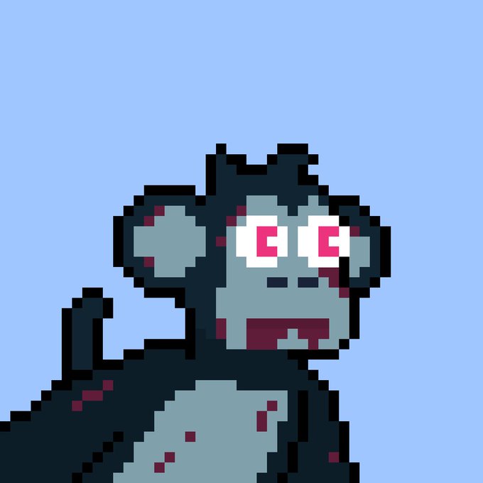 A pixel art depiction of a gray, zombie-like monkey with large pink eyes against a light blue background.