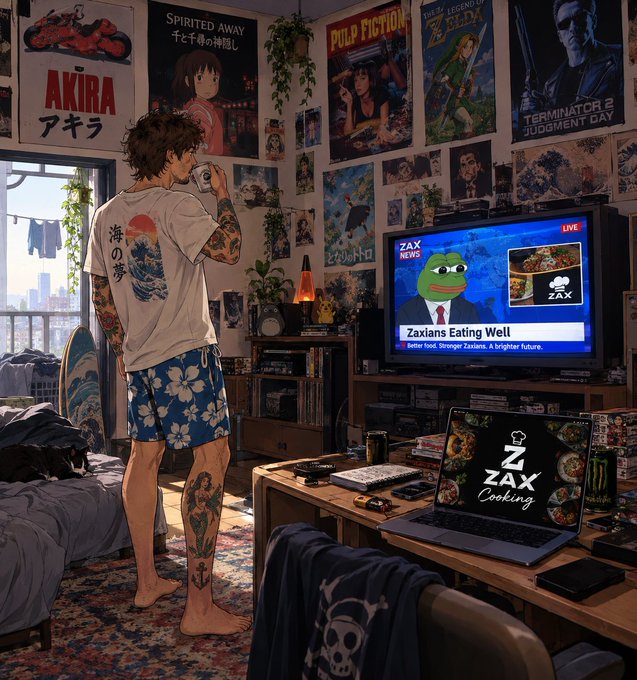 An anime-style illustration of a tattooed young man in a white shirt and floral shorts drinking from a mug in a room filled with movie posters (Akira, Spirited Away, Pulp Fiction, Terminator 2, Legend of Zelda) while watching a TV showing a frog news anchor reporting on 'Zaxians Eating Well' on ZAX NEWS.