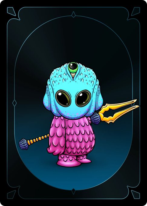An illustration depicts a cute blue three-eyed alien wearing a pink fuzzy robe and holding a yellow bladed staff, resembling a tarot card design.