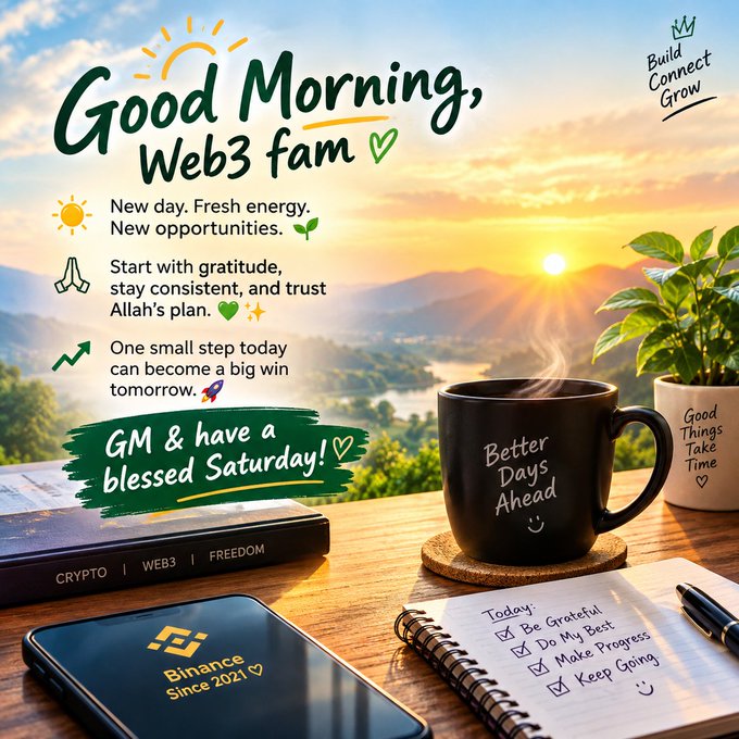 A 'Good Morning, Web3 fam' motivational graphic featuring a sunrise over the ocean with text encouraging gratitude and consistency, alongside a coffee mug labeled 'Better Days Ahead' and a notebook with a to-do list. The phone displays 'Binance Since 2021' and the book spine reads 'CRYPTO | WEB3 | FREEDOM.'