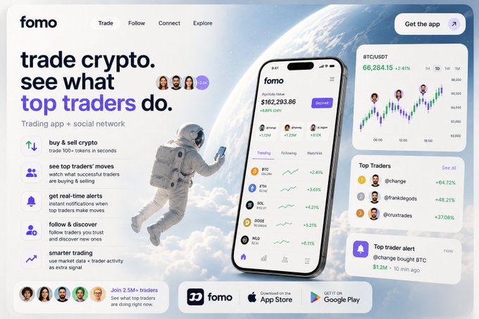 A promotional landing page for the "fomo" app, featuring the headline "trade crypto. see what top traders do." with floating UI elements showing BTC/USDT prices, top traders, and trader alerts.