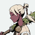 A side-profile illustration of a blonde, elf-like character with green eyes holding a staff or weapon against a white background.