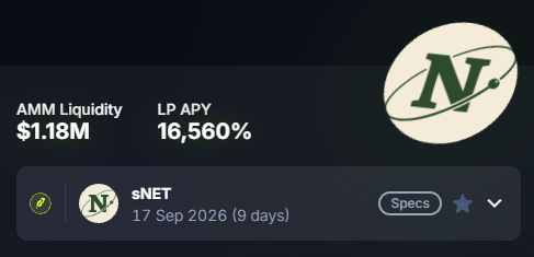 A dashboard displays $NET token metrics, showing AMM Liquidity of $1.18M and an LP APY of 16,560%, with a maturity date of 17 Sep 2026 (9 days). The image visually supports the post's claim that providing liquidity for sNET on Pendle offers a higher yield than the NET rebase rate with zero impermanent loss risk for short-term holders.