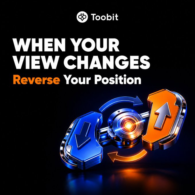 The image is a Toobit advertisement featuring bold text "WHEN YOUR VIEW CHANGES Reverse Your Position" alongside a 3D graphic of blue and orange directional arrows connected by a central mechanism, illustrating the platform's reversal feature that mirrors the post's message about quickly switching futures positions in the opposite direction.