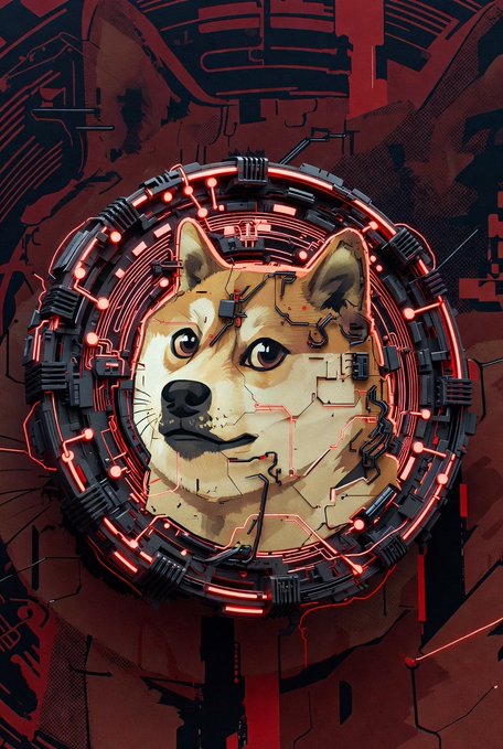 The image features a digital illustration of a dog's head, with neon lights surrounding its face. The dog appears to be looking directly at the camera, giving an impression that it might be a Dogecoin coin. The background consists of red lines and shapes, which are part of the digital art style used in this image.