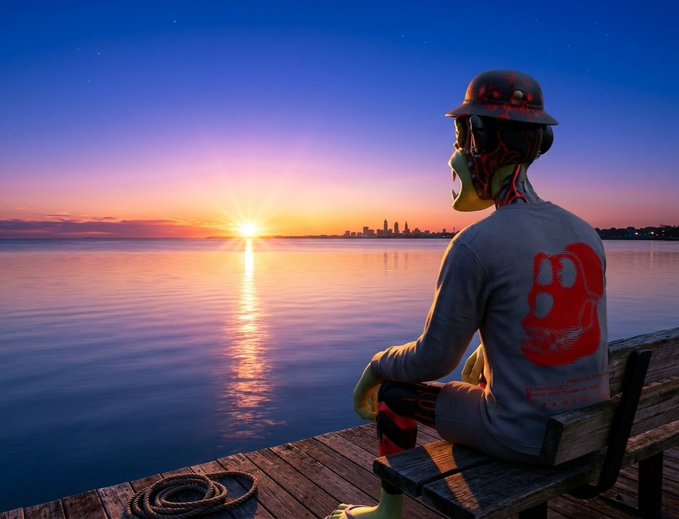 A green-skinned character in a "Degen" branded helmet and shirt sits contemplatively on a dock, gazing at a serene sunset over the water. The scene visually captures the reflective "gm with a whole lot on my mind" mood, with the tranquil horizon suggesting quiet introspection.