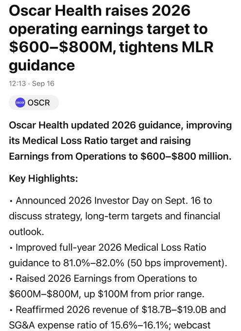 The image shows a financial news post about Oscar Health ($OSCR) raising its 2026 operating earnings target to $600–$800M and tightening its Medical Loss Ratio guidance to 81.0%–82.0% (a 50 bps improvement), while reaffirming 2026 revenue of $18.7B–$19.0B and an SG&A expense ratio of 15.6%–16.1% ahead of its September 16 Investor Day.