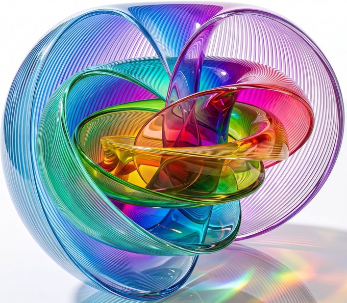 An abstract 3D render of a translucent, multicolored sphere featuring swirling, layered ribbon-like structures in shades of pink, blue, green, and yellow.