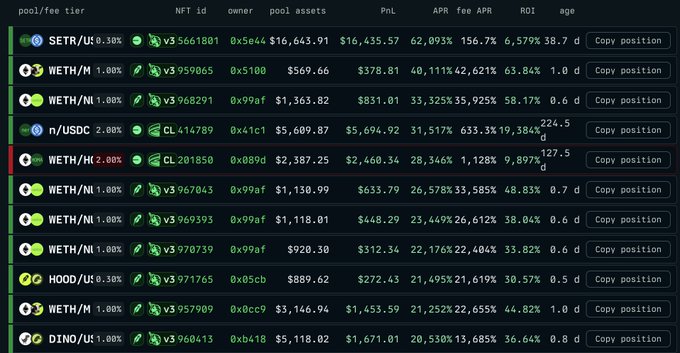 A crypto/DeFi dashboard displays trading pools with metrics including pool/fee tier, NFT id, PnL, APR, fee, APR, ROI, and age, with pairs like SETR/USDC, WETH/MNT, and DINO/USDT visible alongside 'Copy position' buttons.